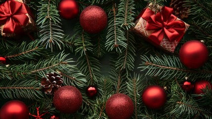 Festive Christmas arrangement featuring red baubles, wrapped gifts with bows, and pine branches adorned with a pinecone. Perfect for the holiday season.