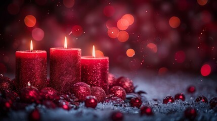 Three red candles are burning brightly in the dark, casting a warm glow in the room. The flickering flames create shadows and illuminate. Horizontal banner with copy space - Powered by Adobe