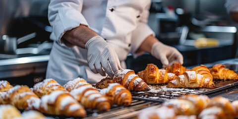 Bakery chef making croissants in a professional kitchen