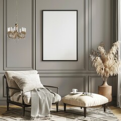 Elegant Modern Living Room Interior with Comfortable Armchair and Blank Wall Art Frame. Vertical white picture mock up with space for text.