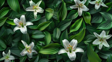 Obraz premium Background of green leaves and white lily flowers. Juicy bright foliage.The texture of large leaves and buds. Beauty is in nature.