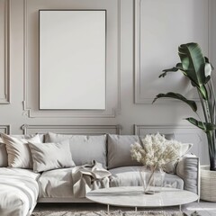 Elegant Modern Living Room Interior with Neutral Tones and Stylish Decor. Vertical white picture mock up with space for text.