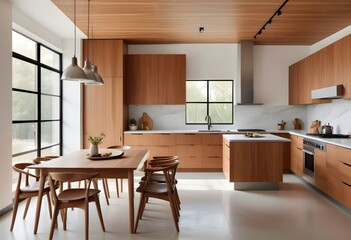 Modern kitchen interior with dining area on a cityscape background, showcasing wooden furniture and minimalist design, the concept of an urban home. 3D Rendering