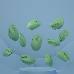 Set of computer mouses from gamer workspace on monochrome podium