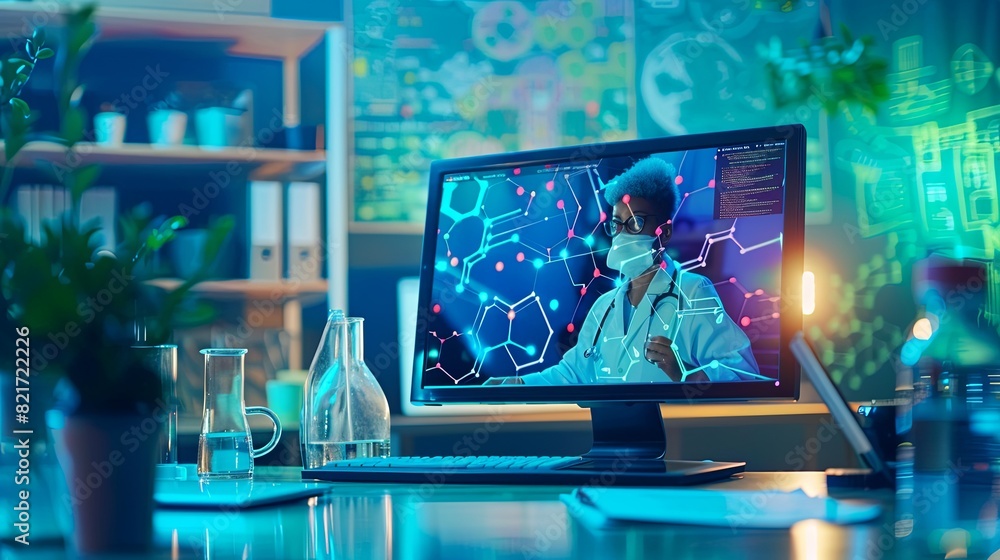 Poster a computer monitor sits on top of a desk in an office setting, symbolizing edtech education technolo