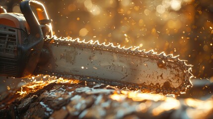 Detail shot of a chainsaw blade resting on a rusted and moss-covered log in the early morning light