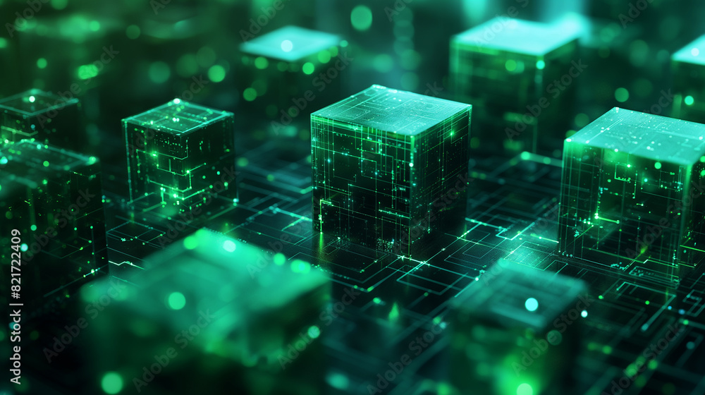 Poster digital data cubes with binary codes and circuit lines, futuristic technology background, modern cyb