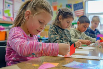 Children of various ethnicities engage in crafts in a classroom, illustrating diversity and learning. Memorial day,