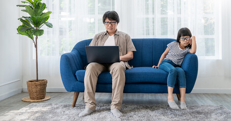 Senior Asian man relaxing using laptop computer working video conference meeting chat with bored...