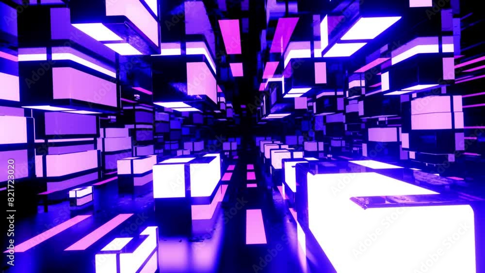Poster mirror room. flight through hi-tech technology tunnel with camera shake. neon light, sci-fi construc