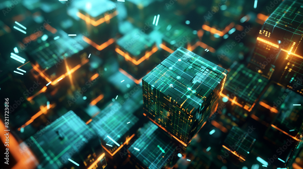Poster digital data cubes with binary codes and circuit lines, futuristic technology background, modern cyb