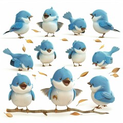 Fototapeta premium Little Blue Bird Cute character multiple posses and expression children's book illustration style
