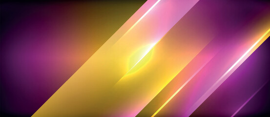 The background is a combination of purple and yellow hues adorned with luminous lines, creating a vibrant display