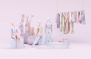 Clothes mannequins a hanger surrounding by bag and market prop with geometric shape on the floor in pastel pink, purple color online shopping concept
