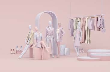 Clothes mannequins a hanger surrounding by bag and market prop with geometric shape on the floor in pastel pink, purple color online shopping concept
