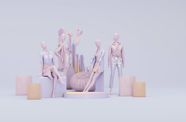 Clothes mannequins a hanger surrounding by bag and market prop with geometric shape on the floor in pastel pink, purple color online shopping concept
