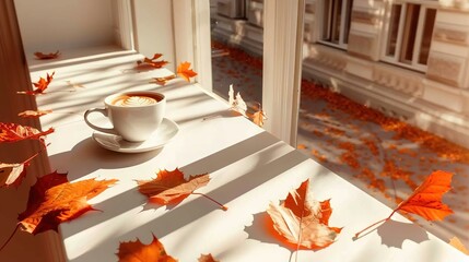   Cup of coffee on white table by orange-red window