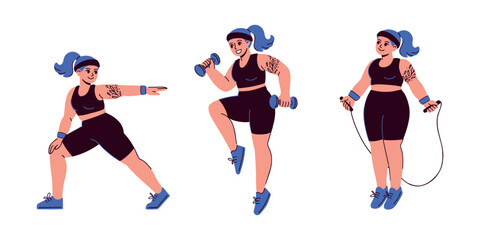 Flat vector illustration set of young women with tattoo doing physical exercises with sports equipment. Body positive and active lifestyle concept. Cartoon people in fitness and aerobics.