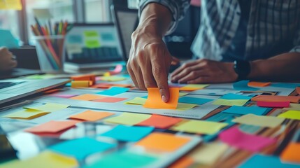Fototapeta premium Close-up of hands organizing colorful sticky notes on a busy office desk, illustrating brainstorming and planning.
