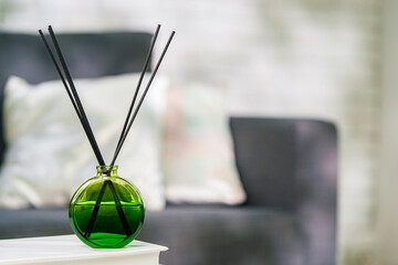 Aroma diffuser bottle with sticks in living room