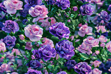 Colorful Spring Background with Multicolored Flowers. Floral Wallpaper with Purple and Pink Roses. AI
