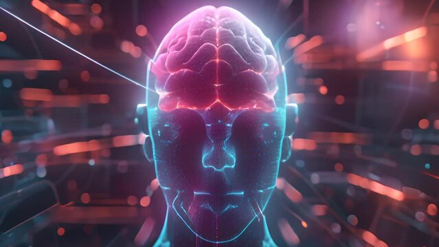 3D illustration of human head with brain and glowing digital data network