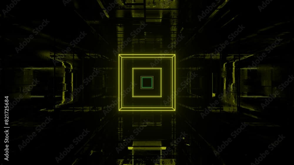 Poster 4k seamless looped animation. fly through mirror tunnel with neon pattern, glow lines form sci fi pa