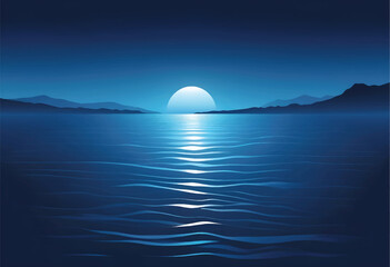 a blue water with a full moon in the blue night sky