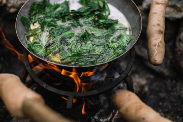 Cast iron pan over campfire fries nettle leaves with stock bread
