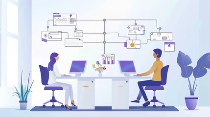 Fototapeta premium Illustration of two professionals working on their laptops in a collaborative office setting, with data network visualization in the background.