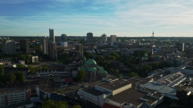 Aerial drone view of Alte Synagoge in Essen , Germany . The Old Synagogue in Essen is one of the largest, best preserved and architecturally most impressive testimonies to Jewish culture 