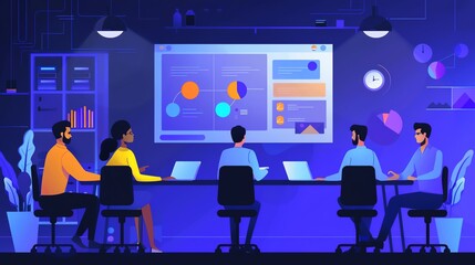 Team collaborating in a modern office, using data analytics on large screen display, showcasing teamwork and technology integration.