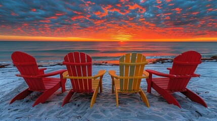  Red-yellow chairs sit on sandy beach beside water
