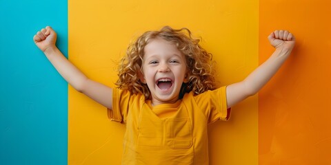 Delighted child shows enthusiastic and vibrant emotions full of joy and energy