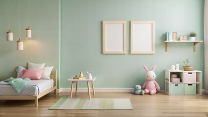 Kids Room Frame Mockup – Soft Color Frame: A minimalist kids room with a soft color frame on a pastel wall, ideal for playful and educational artwork.
