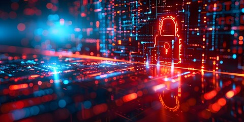 Fototapeta premium Cybersecurity Futuristic Digital Environment with Vibrant Neon Glow and Intricate Circuit Patterns for Secure Technology Concept