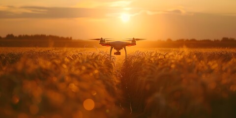 Drone Hovering Over Golden Sunset Farmfield Monitoring Advanced Precision Agriculture Technology