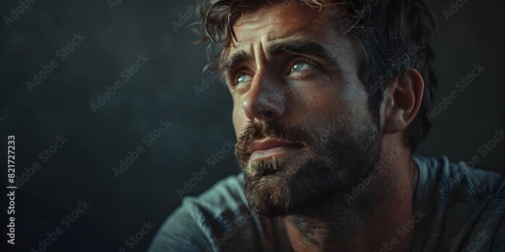 Poster Pensive Man with Thoughtful Expression in Neutral Tones with Copy Space