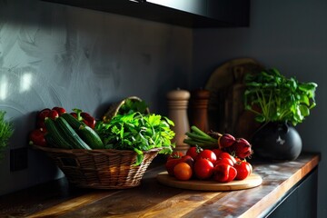 A shadowed kitchen counter with a variety of fresh vegetables and herbs in baskets and on cutting boards, highlighting organic produce.