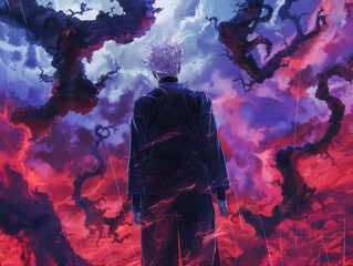 A dark and mysterious anime style background featuring a men standing in front of red and purple swirling stormy clouds, he has white hair with one side shaved back and the other covered by his bangs.