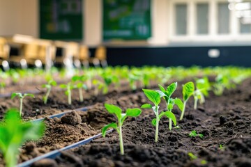 Young plants sprouting in neatly organized rows in a soil bed under a greenhouse, showcasing early growth stages in agriculture.