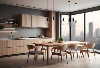 Modern kitchen interior with dining area on a cityscape background, showcasing wooden furniture and minimalist design. 3D Rendering