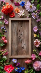 Fototapeta na wymiar Blank picture frame surrounded by colorful flowers on wood. Generative AI image