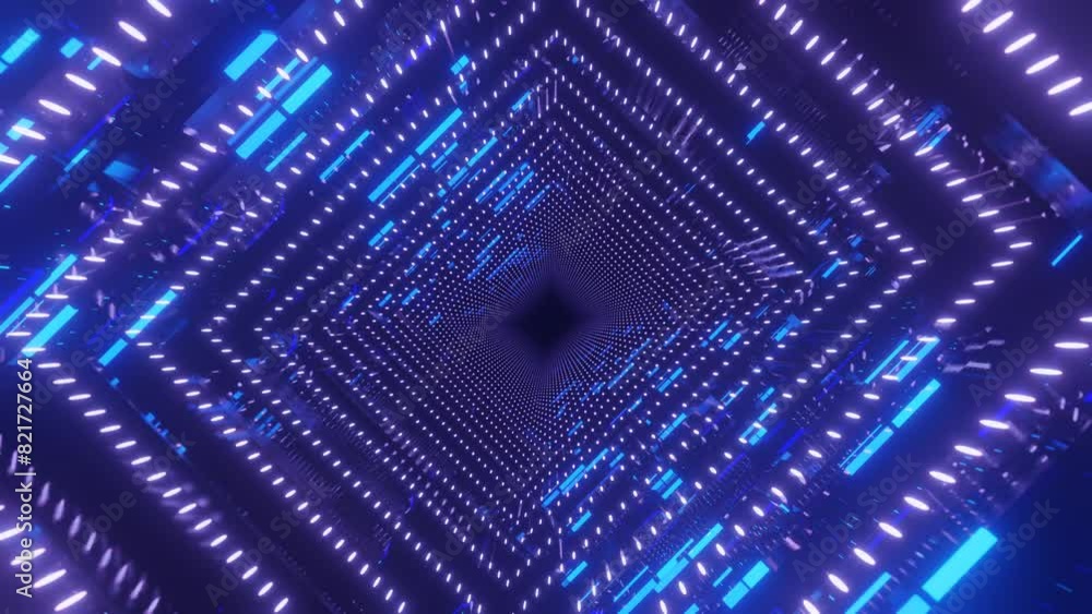 Poster blue hologram. 4k seamless looped animation. fly through mirror tunnel with neon pattern, glow lines