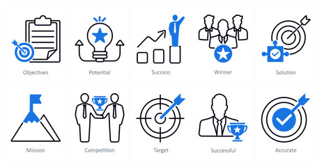 A set of 10 success icons as objectives, potential, success