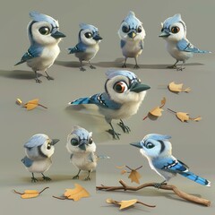 Fototapeta premium Little Blue Jay Bird Cute character multiple posses and expression children's book illustration style