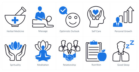 A set of 10 wellness icons as herbal medicine, massage, optimistic outlook