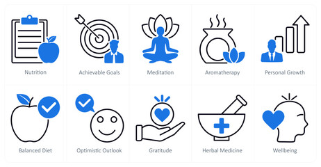 A set of 10 wellness icons as nutrition, achievable goals, meditation