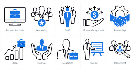 A set of 10 recruitment icons as business portfolio, leadership, staff