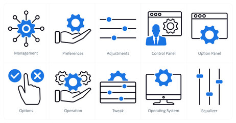 A set of 10 settings and configuration icons as management, preferences, adjustments